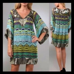 Diane Von Furstenberg Tabalah Tunic Dress in Blue and Green Mixed Print Womens 2